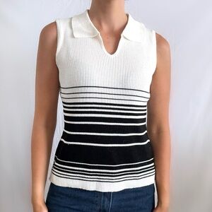 Vintage 90s black white striped ribbed collar vest top blouse deadstock NWT